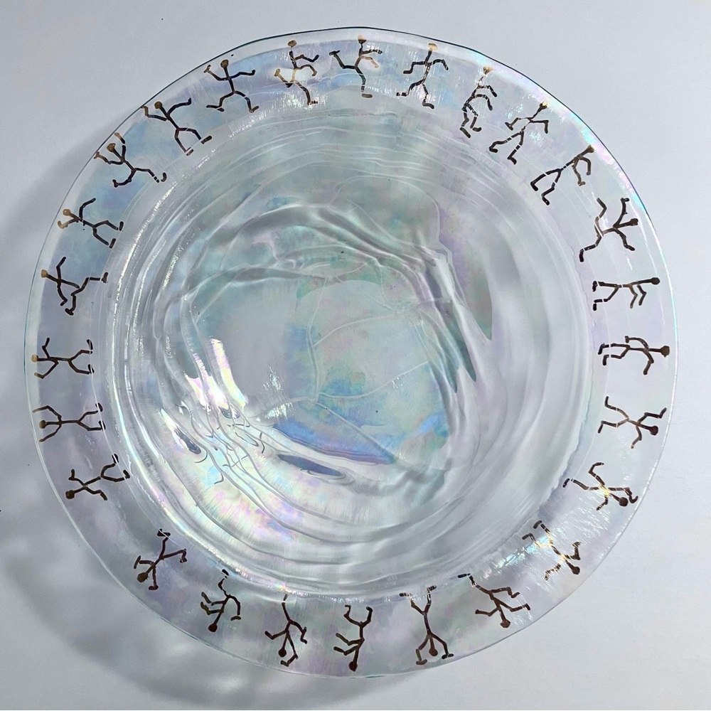 IRIDESCENT Art Glass Bowl / 8.5 INCH / Gold Stick Figures / UNKNOWN SIGNATURE